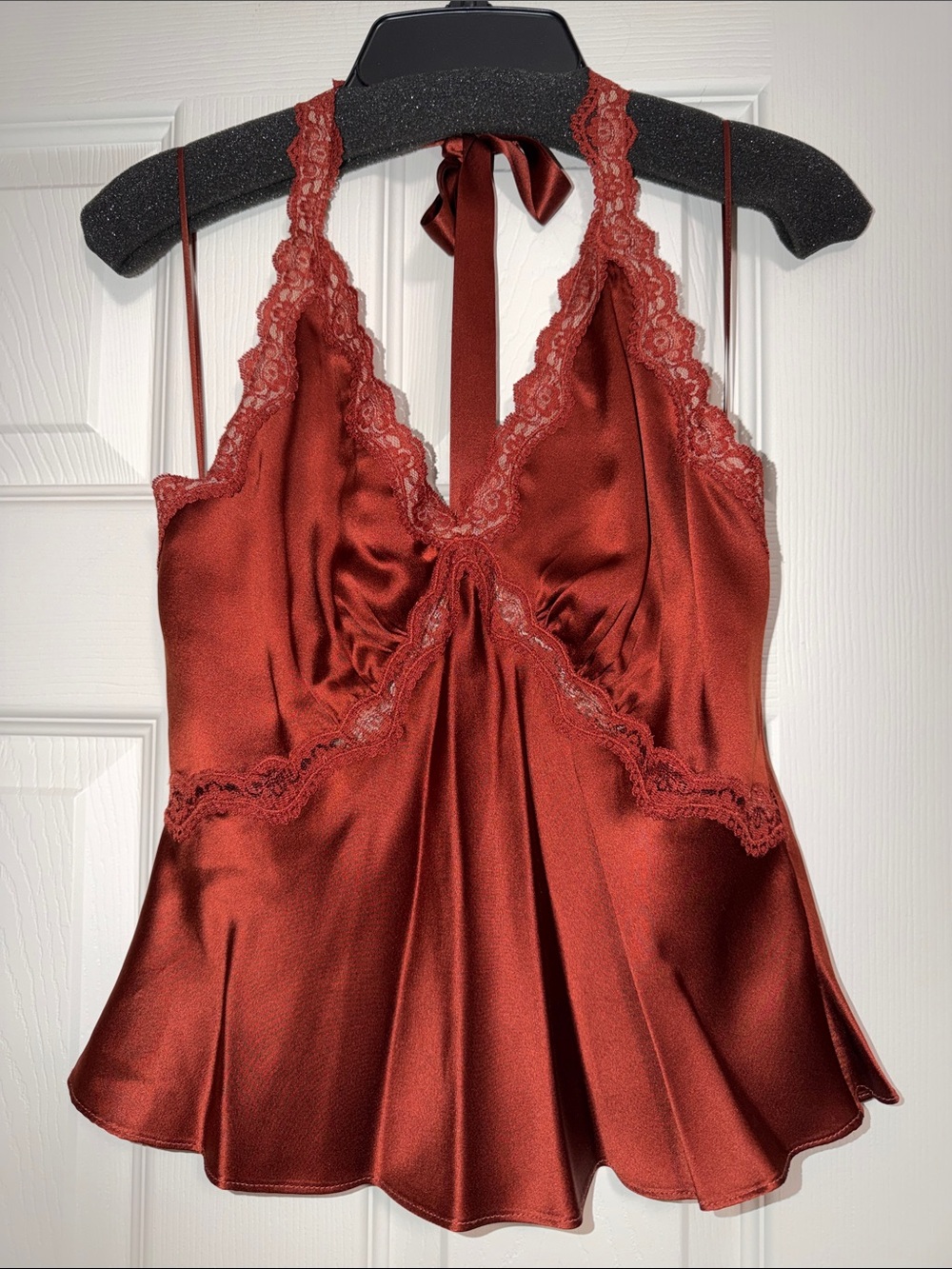 Reformation Rust Satin Lace Halter Cami